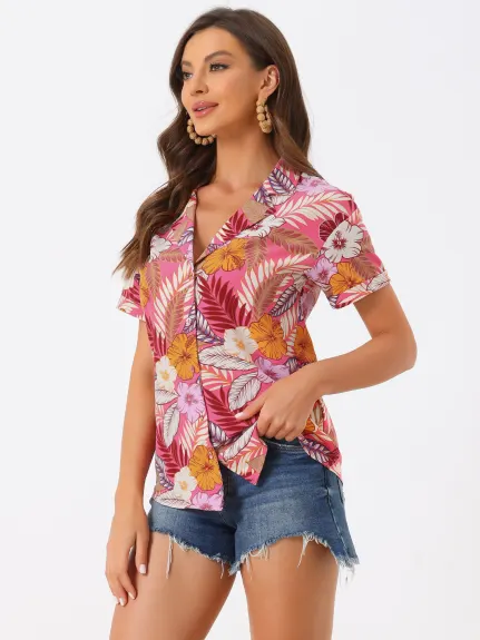 Allegra K - Chemise boutonnée à feuilles florales tropicales de plage