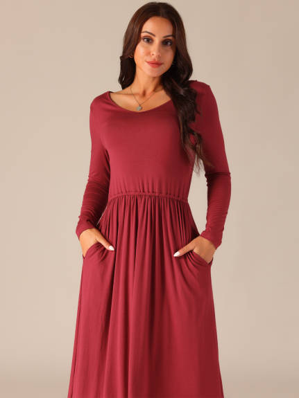 Allegra K - Crewneck Long Sleeve Midi Swing Dress