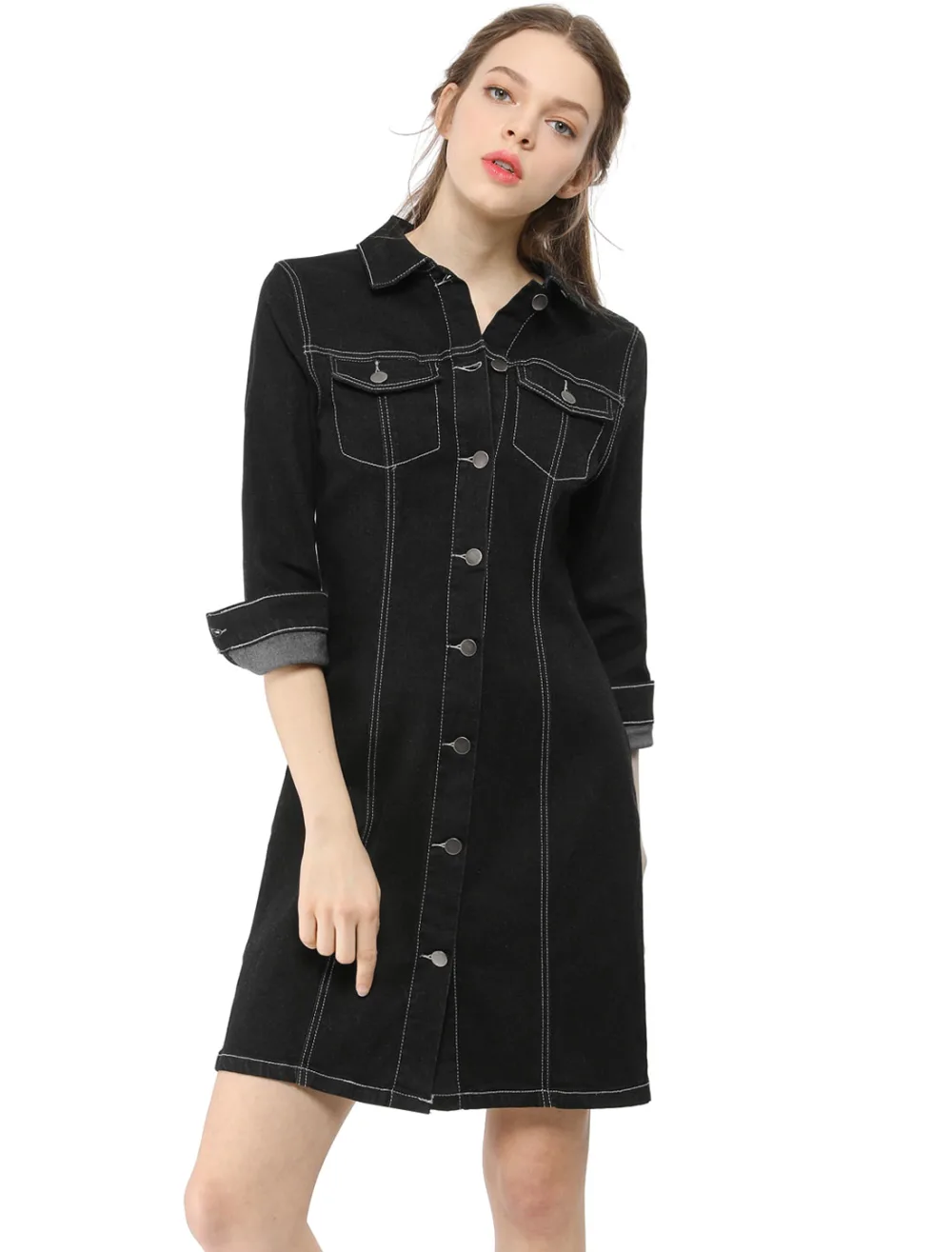 Allegra K- 3/4 Sleeve Denim Slim Fit Shirt Dress