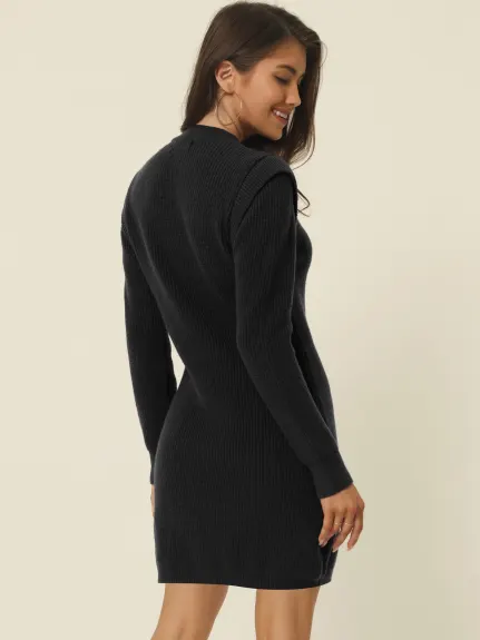 Allegra K- Round Neck Long Sleeve Slim Fit Mini Sweater Dress