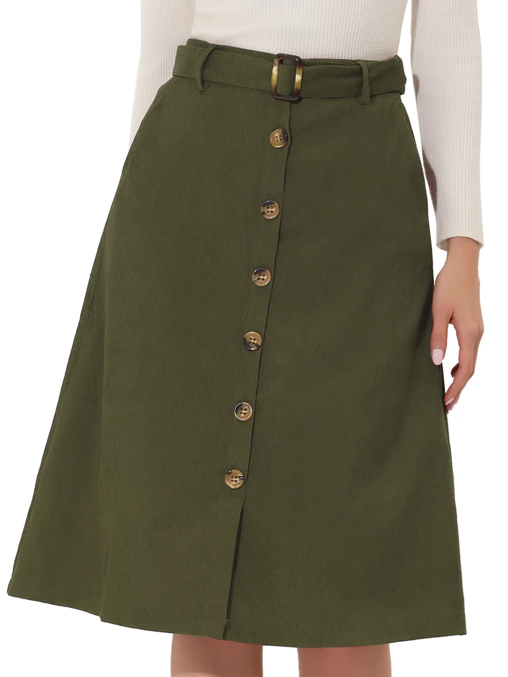 Allegra K - Button Front A-Line Belted Corduroy Skirt