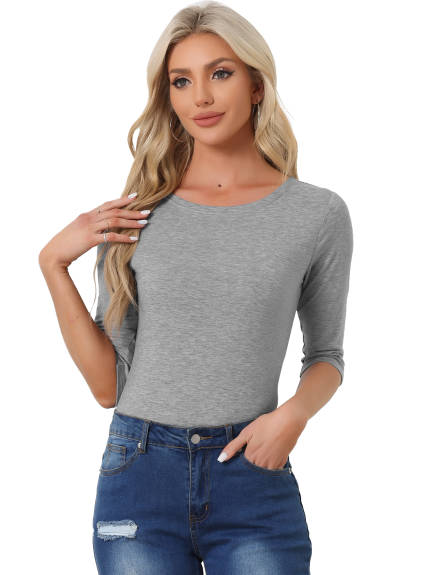 Allegra K- Elbow Sleeves Round Neck Slim Fit Tee