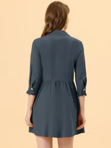 Allegra K- 3/4 Sleeve Button Up Flare Shirt Dress