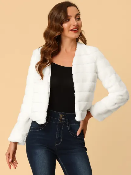 Allegra K- Cropped Collarless Faux Fur Fluffy Coat Jacket