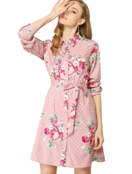 Allegra K- Lapel Button Down Belted Floral Shirt Dress