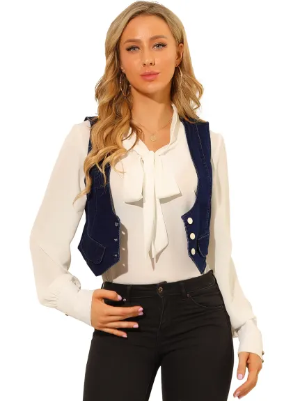 Allegra K- Gilet en jean boutonné à encolure dégagée