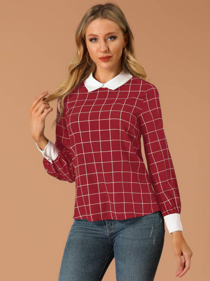 Allegra K- Contrast Collar Button Back Check Plaid Shirt