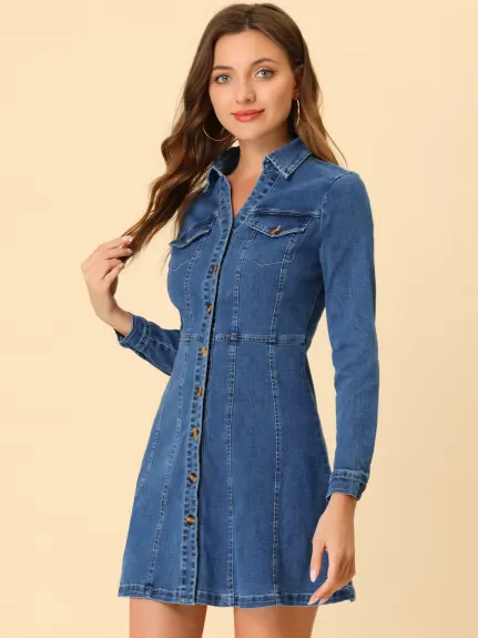 Allegra K- V-Neck Roll Up Sleeve Denim Shirt Dress