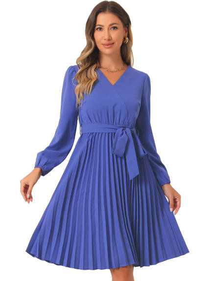 Allegra K - V Neck Puff Long Sleeve Pleated Dress