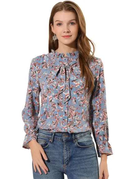 Allegra K- Floral Bow Tie Neck Ruffled Collar Blouse