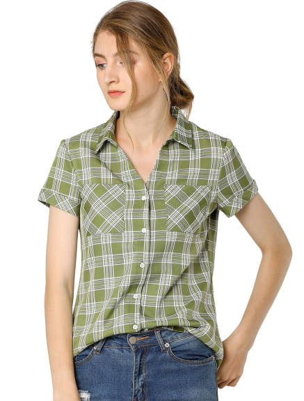 Allegra K- Cotton Short Sleeves Plaid Shirts