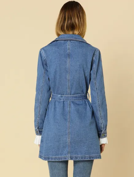 Allegra K- Notched Lapel Button Belted Long Denim Jacket