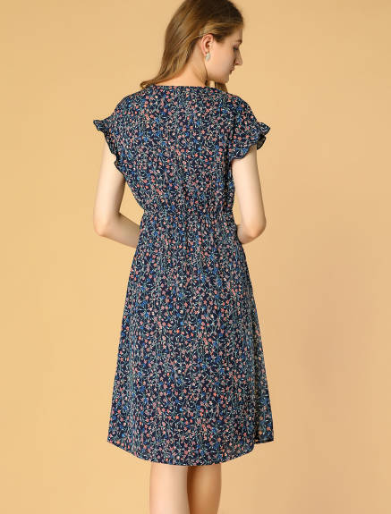 Allegra K- Floral Ruffle Sleeve Belted Midi Dress