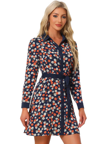 Allegra K- Contrast Collar Floral Shirt Dress