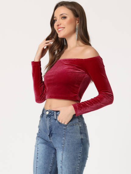 Allegra K- Velvet Off Shoulder Long Sleeve Crop Blouse