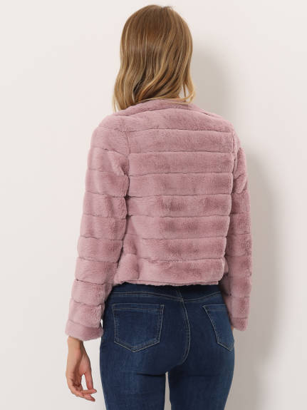 Allegra K- Cropped Collarless Faux Fur Fluffy Coat Jacket