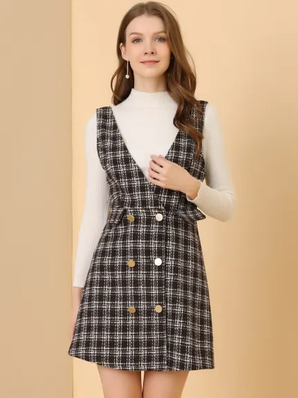 Allegra K - Elegant Button Plaid Tweed Overalls Skirt