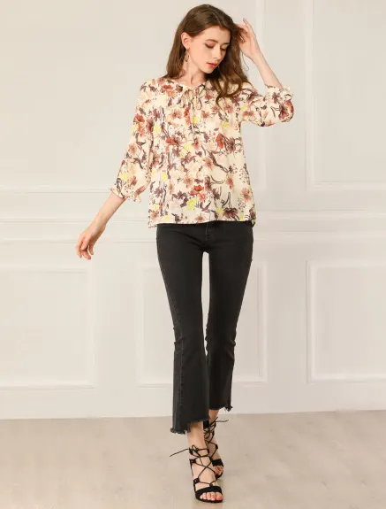 Allegra K- Tie V Neck Ruffled 3/4 Sleeve Floral Blouse