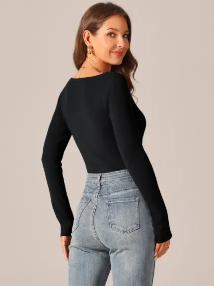 Allegra K - Square Neck Long Sleeve Knit Bodysuit