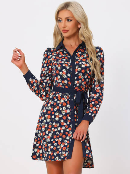 Allegra K- Contrast Collar Floral Shirt Dress