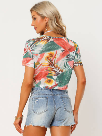 Allegra K - Leaves Print Hawaiian Crop Top