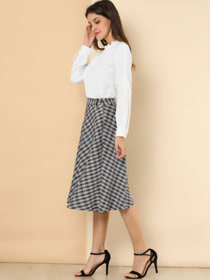 Allegra K- Plaid Tartan Belted A-Line Midi Skirt