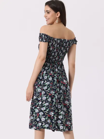 Allegra K- Off Shoulder Floral Smocked Dress