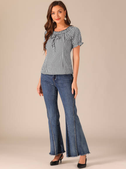 Allegra K- Plaid Round Neck Puff Sleeve Top