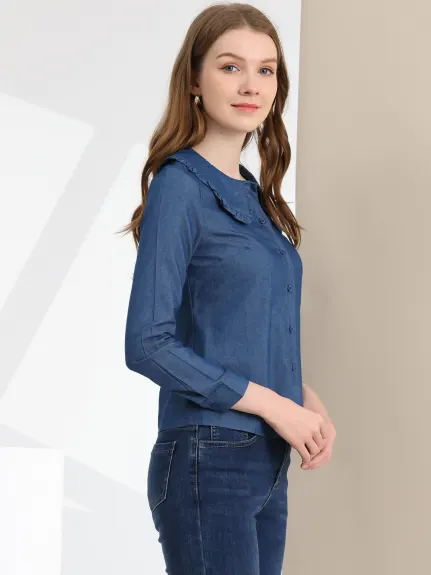 Allegra K - Peter Pan Ruffled Collar Denim Shirt