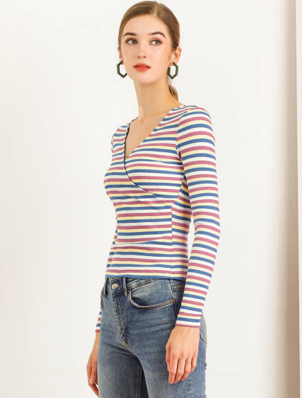 Allegra K- Stripe Rainbow Color Slim Long Sleeve Knit T-Shirt