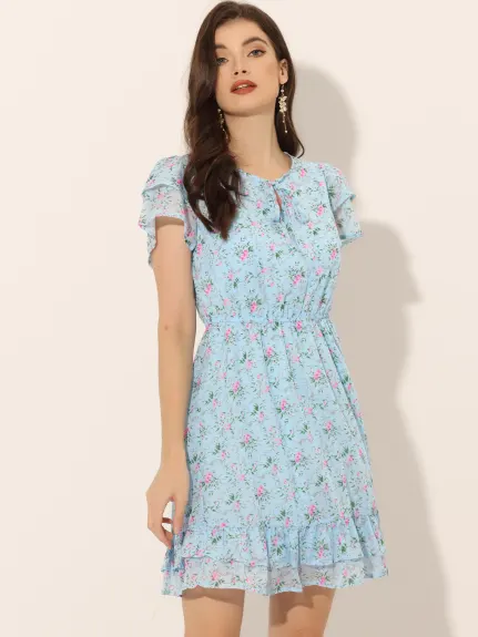 Allegra K- robe en mousseline de soie florale à manches volants col V