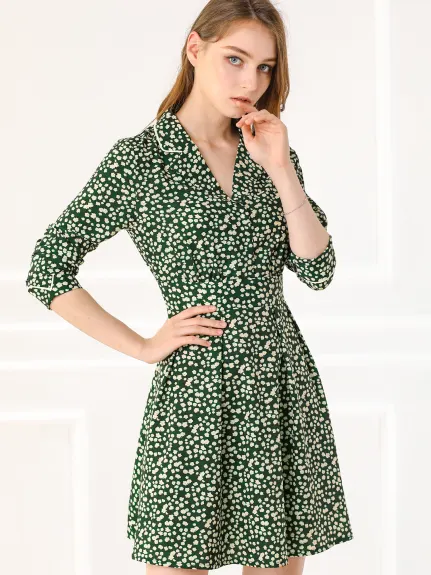 Allegra K- Floral Lapel Collar A-Line Dress