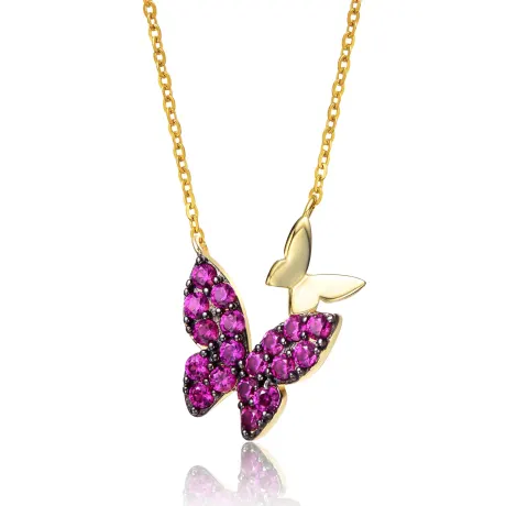 Genevive Sterling Silver 14k Yellow Gold Plated with Ruby Cubic Zirconia Double Butterfly Layering Necklace