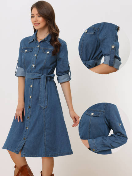 Allegra K - Long Sleeve Button Down Belted Denim Dress