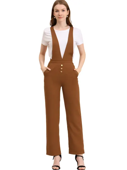 Allegra K - Wide Leg Jumpsuit Suspenders Pants