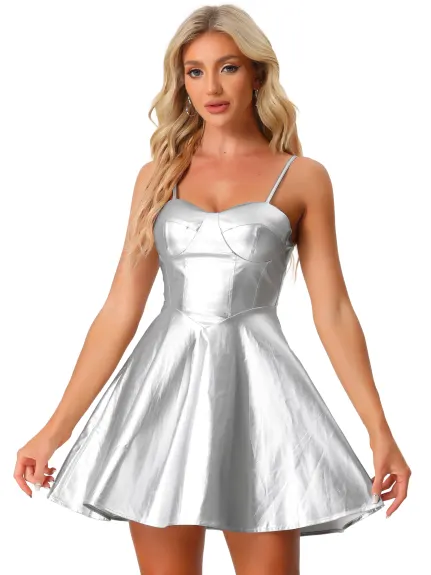 Allegra K- PU Spaghetti Strap Sweetheart Neckline A-line Dress