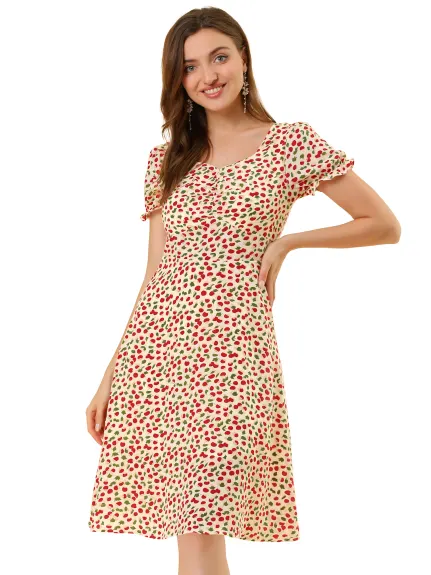 Allegra K- Floral Sweetheart Cherry Print Flare Dress