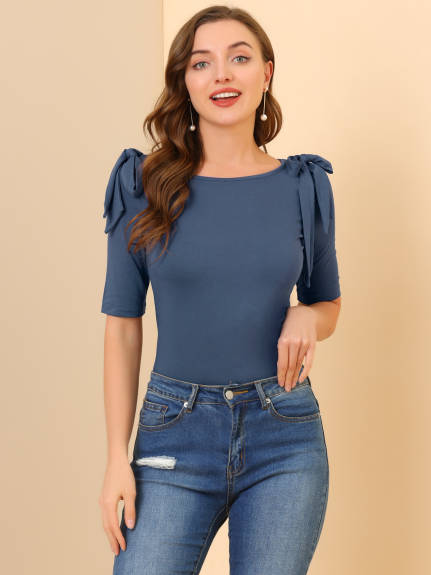 Allegra K - Boat Neck Stretchy Elegant Elbow Sleeve Top