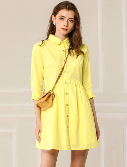 Allegra K- 3/4 Sleeve Button Up Flare Shirt Dress