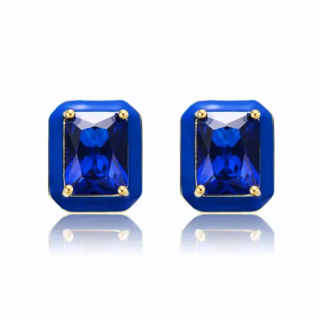 Boucles d'oreilles à tige en plaqué or 14 carats avec zircone cubique bleu saphir et émail bleu radiant