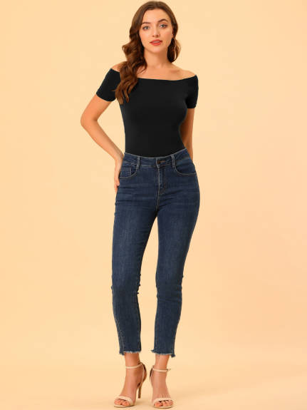 Allegra K- Off Shoulder Solid Slim Fit Tees