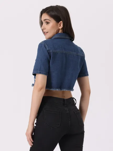 Allegra K- Veste en jean courte effilochée à manches courtes