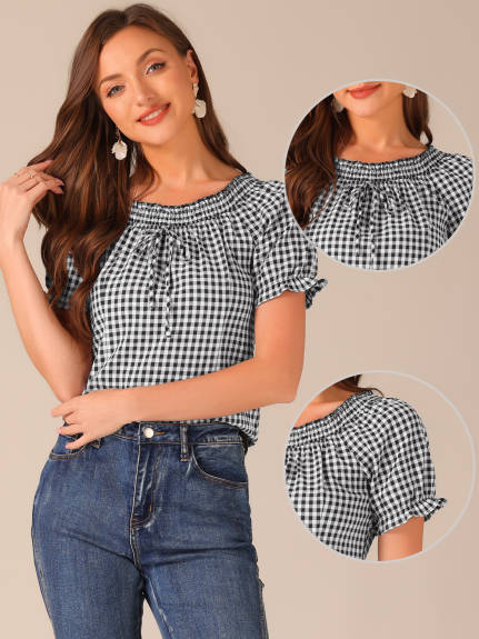 Allegra K- Plaid Round Neck Puff Sleeve Top