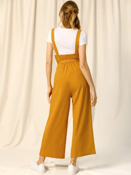 Allegra K- Wide Leg Belted Button Jumpsuit Overall