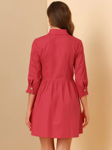 Allegra K- Mini-robe chemise évasée boutonnée à manches 3/4