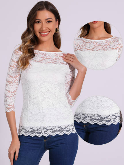 Allegra K - 3/4 Sleeve Crew Neck Floral Lace Top