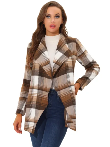 Allegra K- Shawl Collar Belted Asymmetrical Hem Plaid Coat