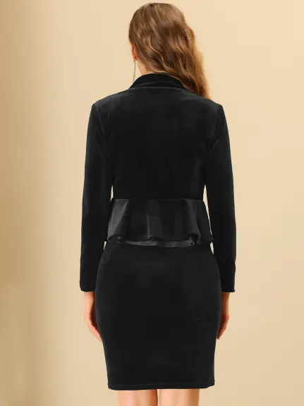 Allegra K- Button Velvet Peplum Blazer Pencil Skirt Suit Set