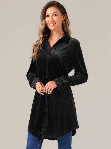 Allegra K - Button Down Long Sleeve Velvet Tunic Shirt