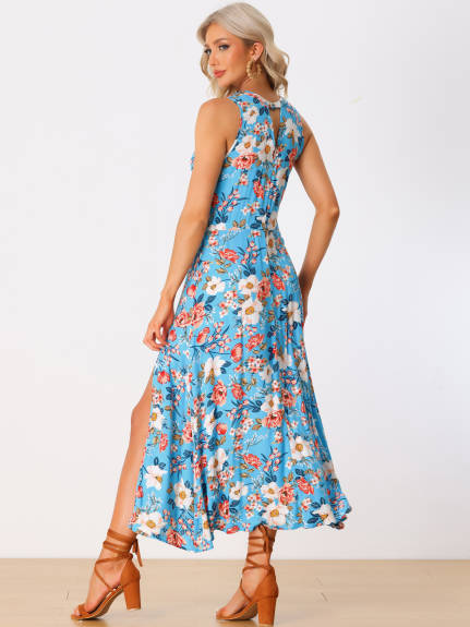 Allegra K- Sleeveless Floral Split Maxi Dress